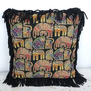Cat Kitten Pillow Tapestry Black Fringe Trim